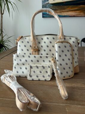 Dooney & Bourke Vintage White Monogram DB Leather Domed Purse & Accessories NWT
